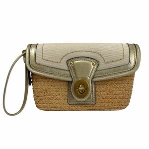 Coach Summertime Straw Raffia Leather Turn Lock Clutch Wristlet